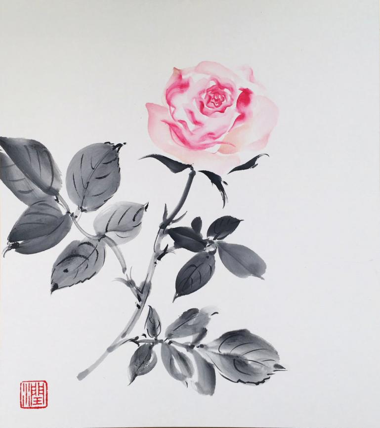 墨彩画で描く 薔薇の色紙