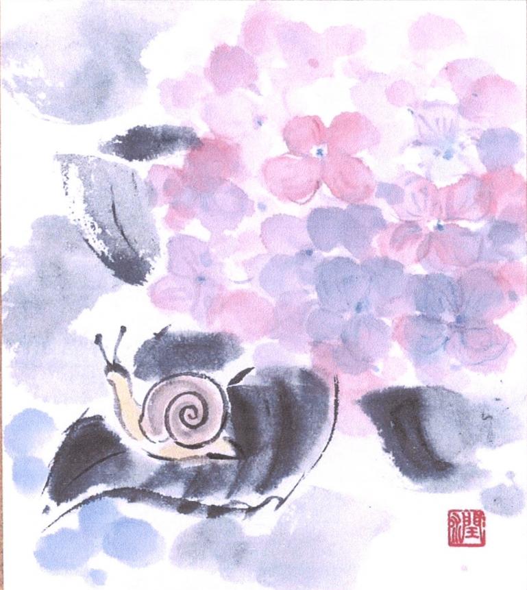 墨彩画で描く 紫陽花の色紙