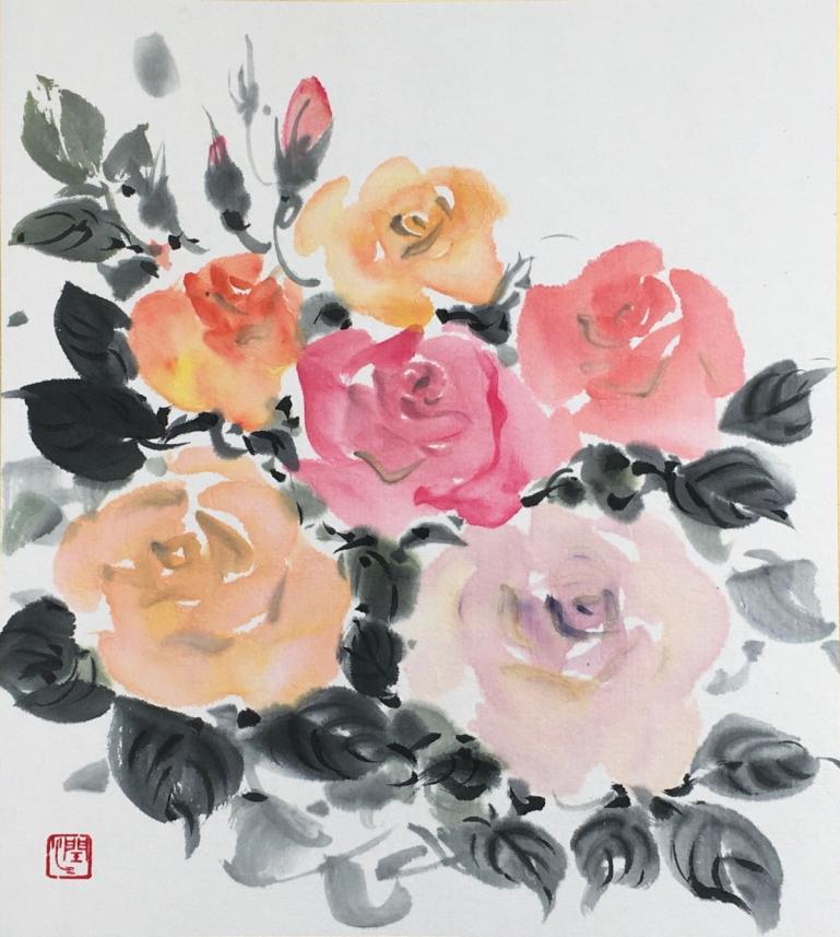墨彩画で描く　薔薇の色紙